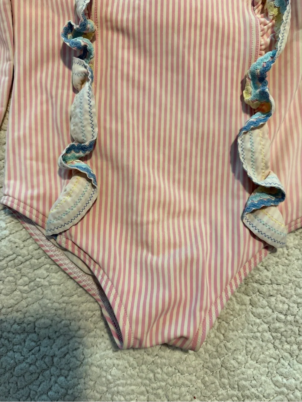 Mini Boden Frill Long Sleeve Striped One-Piece Rashguard Swimsuit Pink 3-4 Years